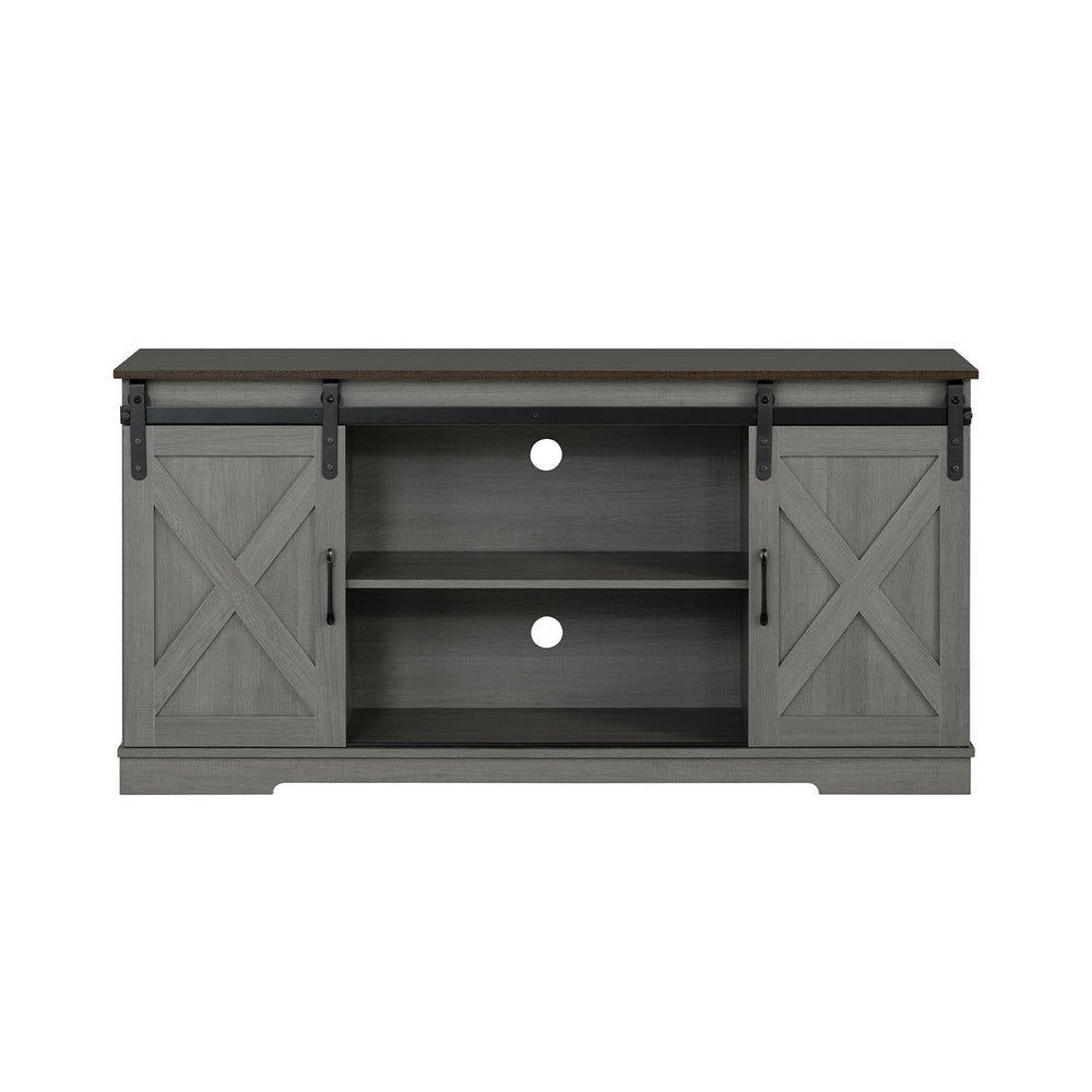 English Elm Rustic Farmhouse TV Stand 56" Two-Tone Brown Gray Finish with Metal X Accents & Sliding Doors B2741P397688