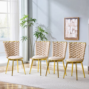 English Elm Set of 2 Velvet Dining Chairs with Braided Rope Backs and Glamorous Metal Legs Beige W3875P399190
