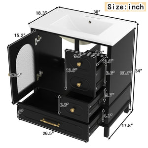 English Elm 30" Freestanding Bathroom Vanity Solid Wood Cabinet Ceramic Basin 3 Drawer Storage Black W1580P382511