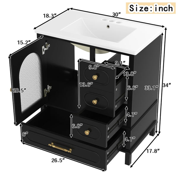 English Elm 30" Freestanding Bathroom Vanity Solid Wood Cabinet Ceramic Basin 3 Drawer Storage Black W1580P382511