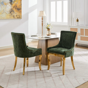 English Elm Chenille Plush Dining Chair with Curved Gold-Plated Legs, Rivet Trim, Textured Upholstery Comfort Olive Green W1143P332688