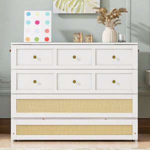 English Elm Full Size Murphy Wall Bed Cabinet with Rattan Panel Detailing and Storage Drawers White N708P336203K