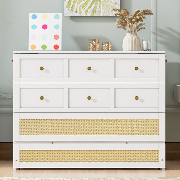 English Elm Full Size Murphy Wall Bed Cabinet with Rattan Panel Detailing and Storage Drawers White N708P336203K
