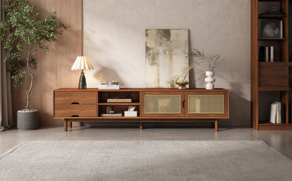 English Elm 78 Inch Rattan Media Console with Rubberwood Legs Walnut Finish Living Room Storage N710P407810P