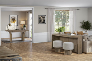 English Elm English Knotty Oak Veneer Console Bar with Upholstered Stools for Modern Living B2699P440883