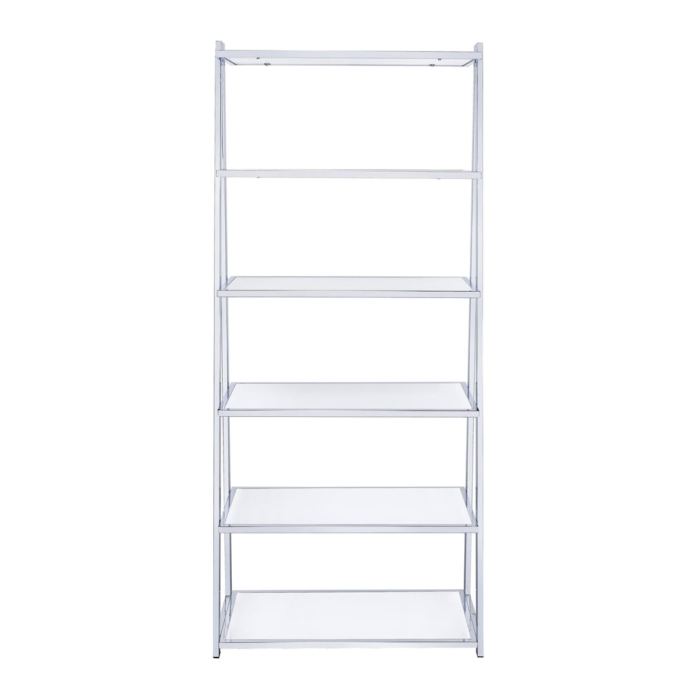 English Elm White White High Gloss and Chrome 6-Shelf Bookshelf 71.5" H Modern Open-Back Storage for Living Room B062S00483