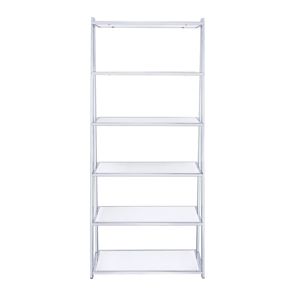 English Elm White White High Gloss and Chrome 6-Shelf Bookshelf 71.5" H Modern Open-Back Storage for Living Room B062S00483