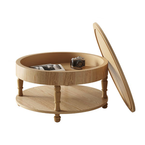 English Elm Coffee Round Flip-Top Coffee Table with Hidden Storage and Open Shelf, Modern Living Room Chest Natural Wood W1445P341371
