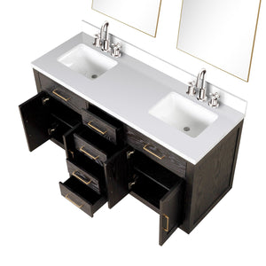 English Elm Brown Oak Double Bath Vanity With White Quartz Top, Chrome Faucets & Two Mirrors For Modern Style B2731S01794