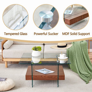 English Elm 31.4 Modern Two-Tier Square Coffee Table with Tempered Glass Top & Walnut Shelf — Stylish Storage W1512P407505