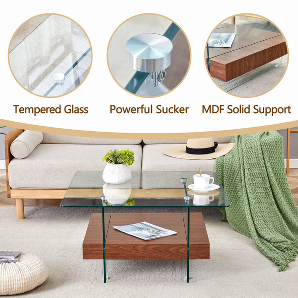 English Elm 31.4 Modern Two-Tier Square Coffee Table with Tempered Glass Top & Walnut Shelf — Stylish Storage W1512P407505