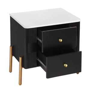 English Elm Christopher Knight Home® - Modern Fluted Nightstand with Two Drawers and Gold Legs, Sleek Textured Bedside Table for Stylish Storage and Easy Cleaning Black 23 L x 18 W x 18 H N761P285710B