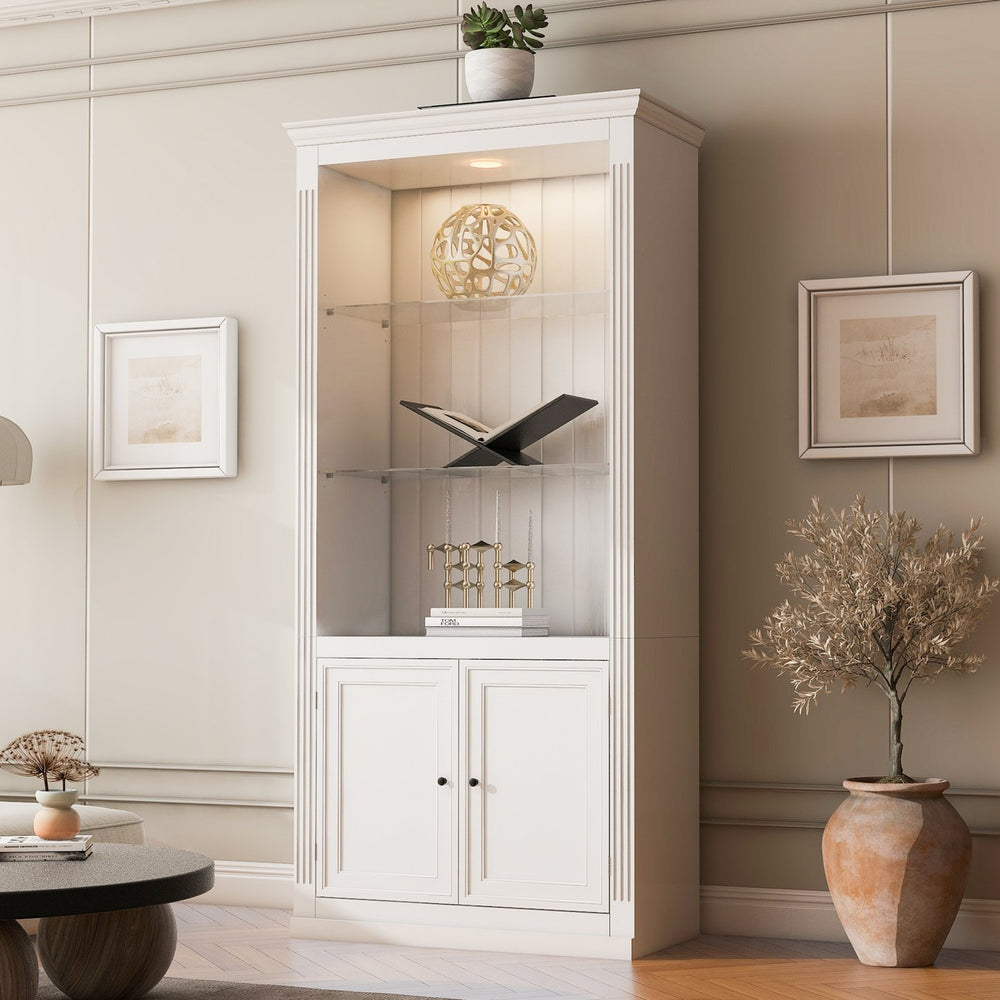 English Elm 78.75''H Retro Farmhouse Display Bookcase with 5-Color LED, Adjustable Glass Shelves & Doors - White N845P263122W