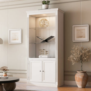 English Elm 78.75''H Retro Farmhouse Display Bookcase with 5-Color LED, Adjustable Glass Shelves & Doors - White N845P263122W