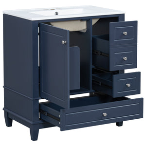 English Elm Christopher Knight Home® - 30" Freestanding Bathroom Vanity with Ceramic Sink, Soft-Close Door, Gold Knobs & 3 Drawers, Durable Painted Finish Blue N759P225994C
