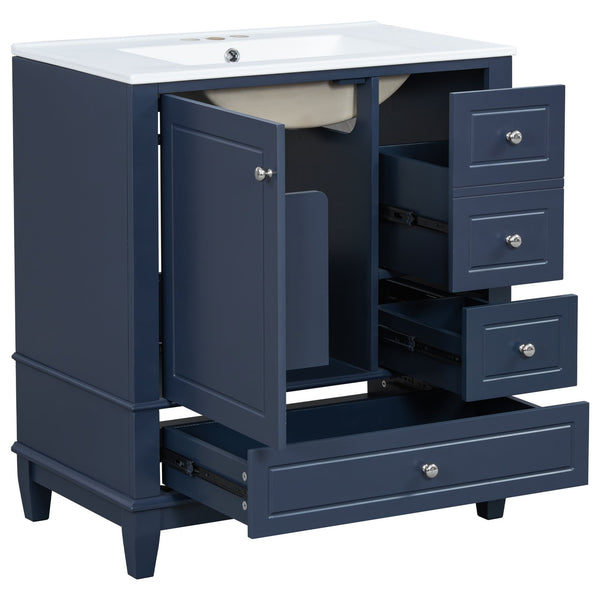 English Elm Christopher Knight Home® - 30" Freestanding Bathroom Vanity with Ceramic Sink, Soft-Close Door, Gold Knobs & 3 Drawers, Durable Painted Finish Blue N759P225994C