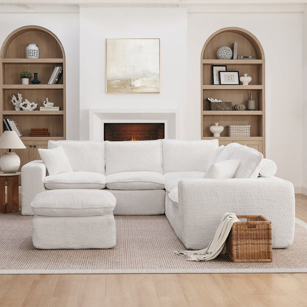 English Elm 107'' Boucle Modular Sectional Sofa Deep Cloud Cushions Reversible Chaise Living Room Beige W1413S00161