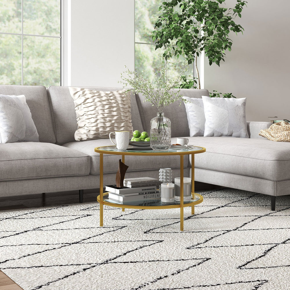 English Elm Homcom Gold Round Side Table With 2-Tier Glass Shelves, Stylish Storage For Modern Living Room Decor W2225P217456