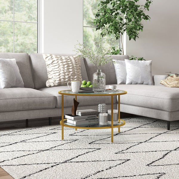 English Elm Homcom Gold Round Side Table With 2-Tier Glass Shelves, Stylish Storage For Modern Living Room Decor W2225P217456