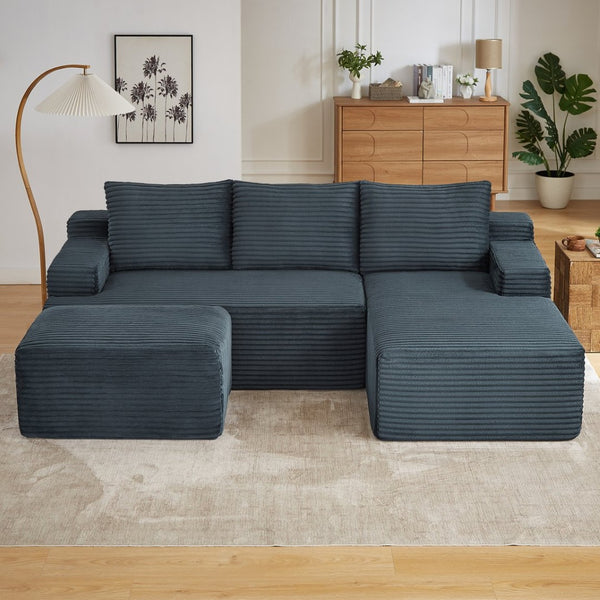English Elm U-shaped Cloud Sectional with Corduroy Upholstery Deep Seat Modular Sleeper Sofa W2339S00102