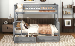 English Elm Twin Convertible Bunk Bed with Built-In Rolling Drawers and Solid Pine/MDF Frame, Space-Saving Durable Design Gray N7090004020E