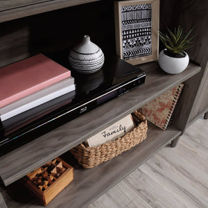 English Elm Credenza, Dark Gray finish – Spacious 65.25" storage buffet with adjustable shelves, cord management, drawers, versatile placement B356P367838