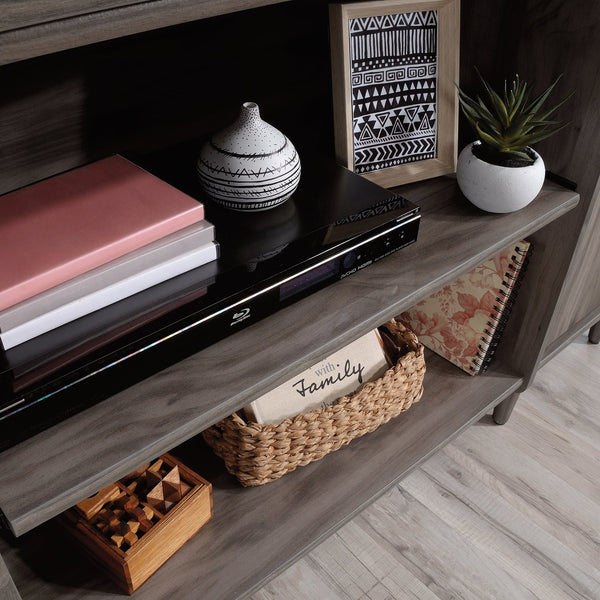 English Elm Credenza, Dark Gray finish – Spacious 65.25" storage buffet with adjustable shelves, cord management, drawers, versatile placement B356P367838