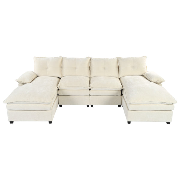 English Elm U_STYLE U-Shaped Chenille Sectional Sofa with Adjustable Armrests, 6-Seater, Removable Covers, Durable Construction Beige WY000430AAA