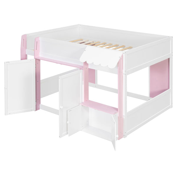English Elm Twin House Loft Bed with Pull Out Rolling Desk Stair Drawers and Cabinet Storage N820S00074H