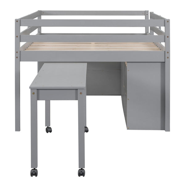 English Elm Full Size Kids Loft Bed Pinewood Frame Dual Study Desks Drawers and Open Shelving Gray LT000369AAE