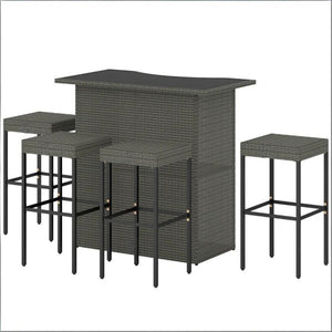 English Elm Bar Height Outdoor Wicker Patio Set with Tempered Glass Table and Four Stools Dark Gray T3971S00211