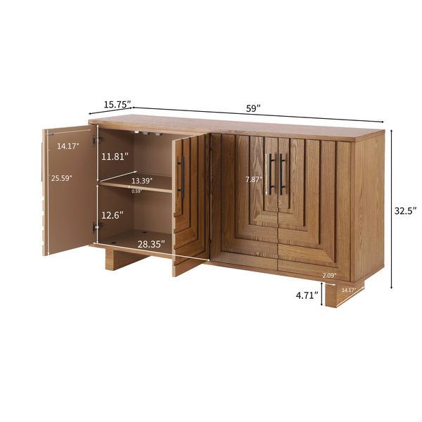 English Elm Christopher Knight Home® - Modern Sideboard - 59" Natural Finish Mdf Storage Cabinet With 4 Doors, Metal Handles For Home Use N780P352310N