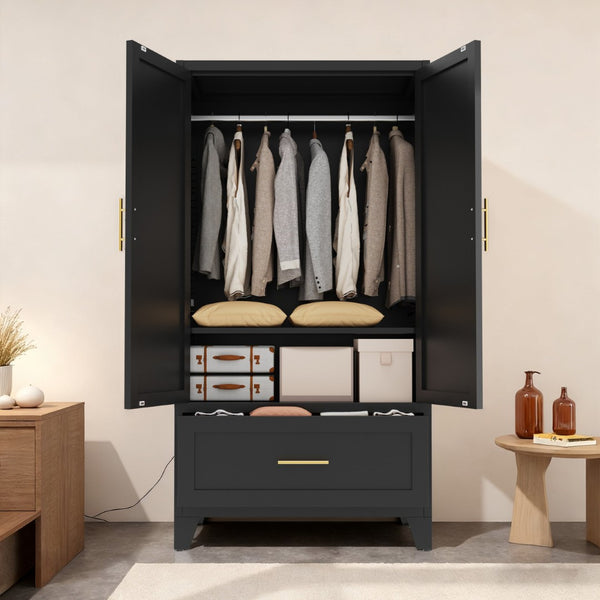 English Elm 60" Powder-coated Steel Wardrobe with Hanging Rod Drawer and Shelf for Slim Spaces W3387P396209