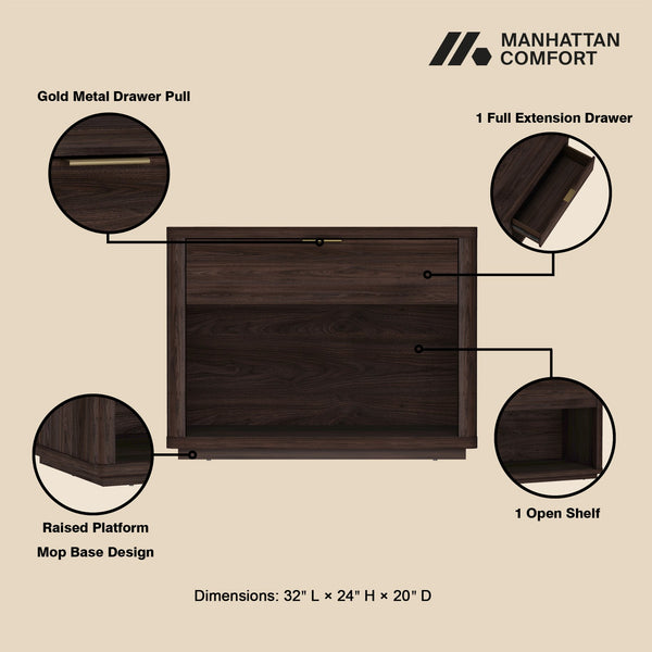 English Elm Evelyn 32" Nightstand In Brown - Modern Mdf Design With Drawer & Open Shelf For Stylish Storage Solutions B365P398524