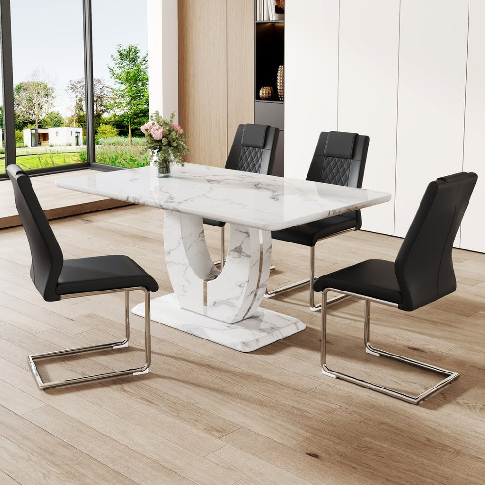 English Elm Table Marble-Pattern Mdf Dining Set – Modern 63"X37" Table With 4 Ergonomic Black Pu Chairs W1151S02183-GIGA