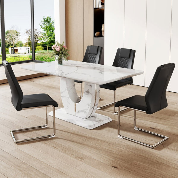 English Elm Table Marble-Pattern Mdf Dining Set – Modern 63"X37" Table With 4 Ergonomic Black Pu Chairs W1151S02183-GIGA