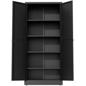 English Elm 61" Matte Black Steel Freestanding Pantry Cabinet with 4 Adjustable Shelves Modern Farmhouse T2398P465983