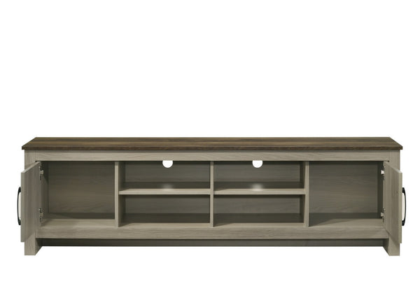 English Elm Tropea 58 Inch Open Shelf Media Console with Oak Finish and Cord Management B2749P413255