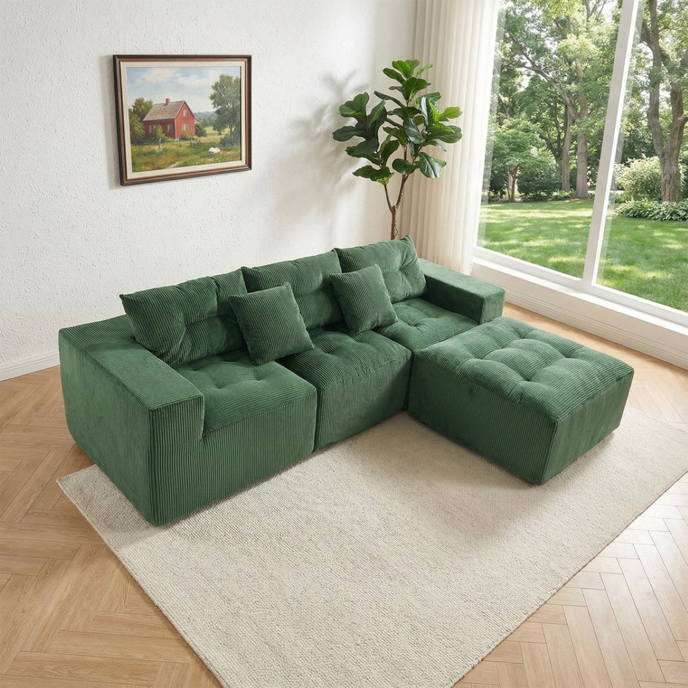 English Elm 101" Modular Cloud Sectional Corduroy Upholstered Sofa Reversible Chaise Living Room Green W1170S00055