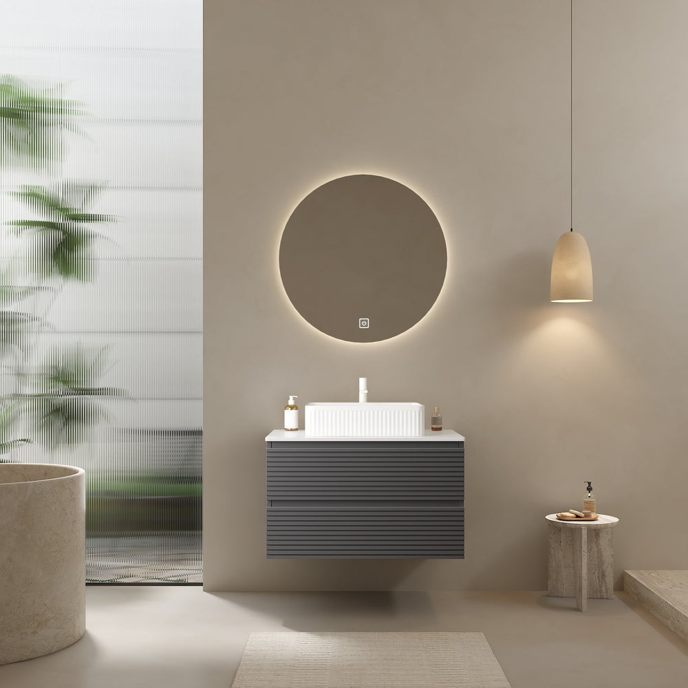 English Elm VEDO 30" Bathroom Vanity with Vessel Sink, Gray Striped Plywood Wall-Mount, Carrara Countertop, Soft-Close Drawers, Durable Ceramic Basin (Pre-Drilled) W2615S00082