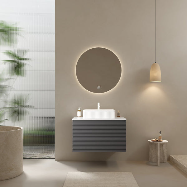 English Elm VEDO 30" Bathroom Vanity with Vessel Sink, Gray Striped Plywood Wall-Mount, Carrara Countertop, Soft-Close Drawers, Durable Ceramic Basin (Pre-Drilled) W2615S00082