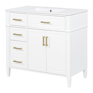 English Elm 36 Inch Freestanding Bathroom Vanity Sage Pine Cabinet Gold Hardware Ceramic Sink White N725P366466K