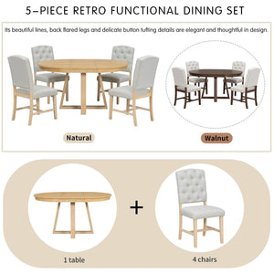 English Elm Trexm Retro 5 Piece Extendable Round Dining Set with Button Tufted Upholstered Chairs Natural ST000094AAN-2026