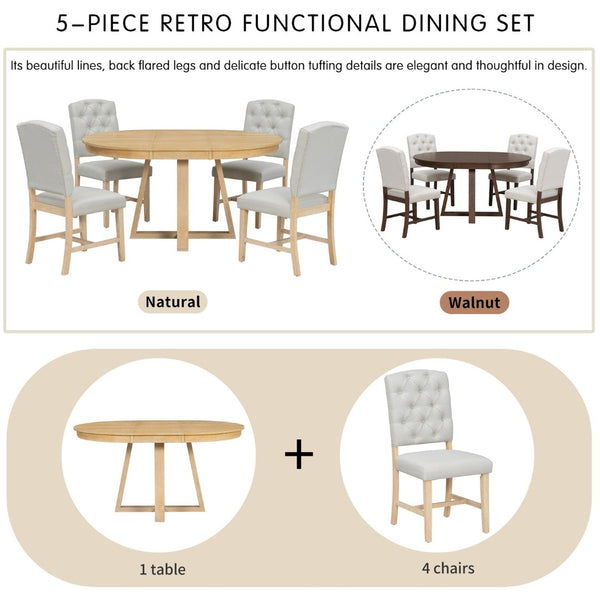 English Elm Trexm Retro 5 Piece Extendable Round Dining Set with Button Tufted Upholstered Chairs Natural ST000094AAN-2026