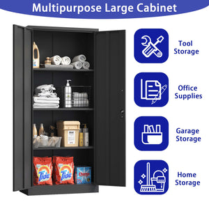 English Elm 71"H Heavy Metal Garage Storage Cabinet with 3 Adjustable Shelves, Locking 3-Point System & Anti-Tip Design Black T2398P152545