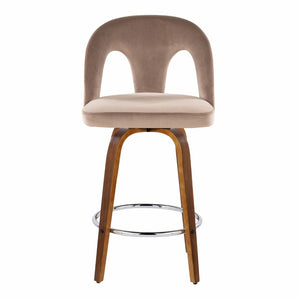 English Elm Fixed-height Swivel Counterstools Taupe Velvet Bentwood Walnut Legs Chrome Footrest Set B202S01796