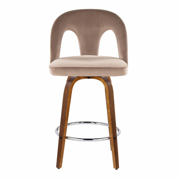 English Elm Fixed-height Swivel Counterstools Taupe Velvet Bentwood Walnut Legs Chrome Footrest Set B202S01796