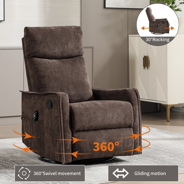 English Elm Heat Massage Rocker Swivel Recliner Fabric Chair with Lumbar Therapy for Living Room Brown W1803P362305