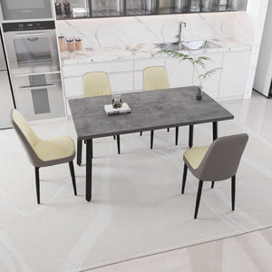 English Elm 55.12-70.87" Expandable Dining Table Set Seats 6 with Pu Upholstered Chairs Black Metal Legs Beige+Grey W2189S00914