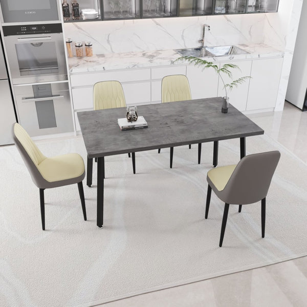 English Elm 55.12-70.87" Expandable Dining Table Set Seats 6 with Pu Upholstered Chairs Black Metal Legs Beige+Grey W2189S00914